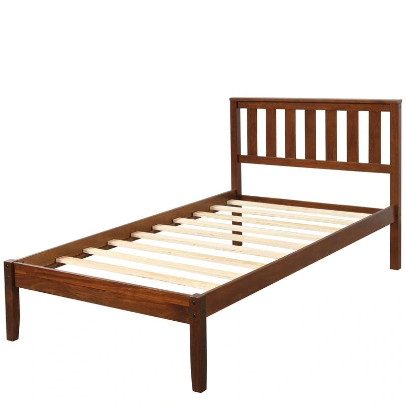Walnut Twin Platform Bed with Headboard, Wood Slat Support