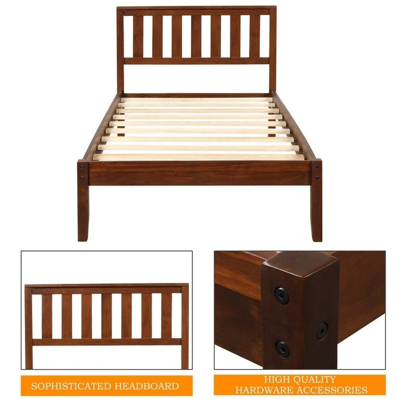 Walnut Twin Platform Bed with Headboard, Wood Slat Support