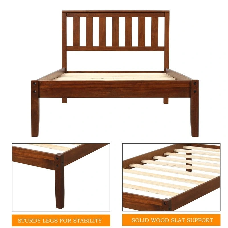 Walnut Twin Platform Bed with Headboard, Wood Slat Support