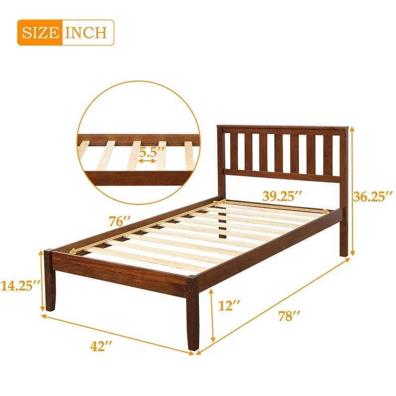 Walnut Twin Platform Bed with Headboard, Wood Slat Support