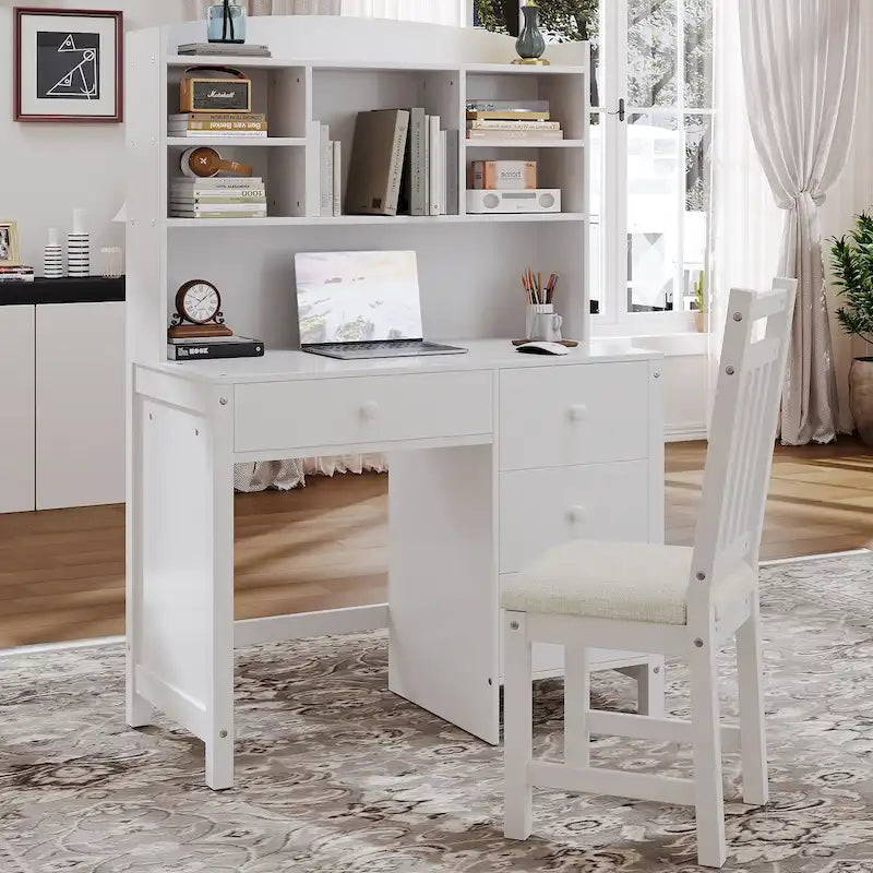 Retro Computer Desk with Chair, 4 Drawers & Shelf, 1-Person – White / Espresso