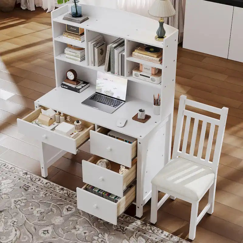Retro Computer Desk with Chair, 4 Drawers & Shelf, 1-Person – White / Espresso