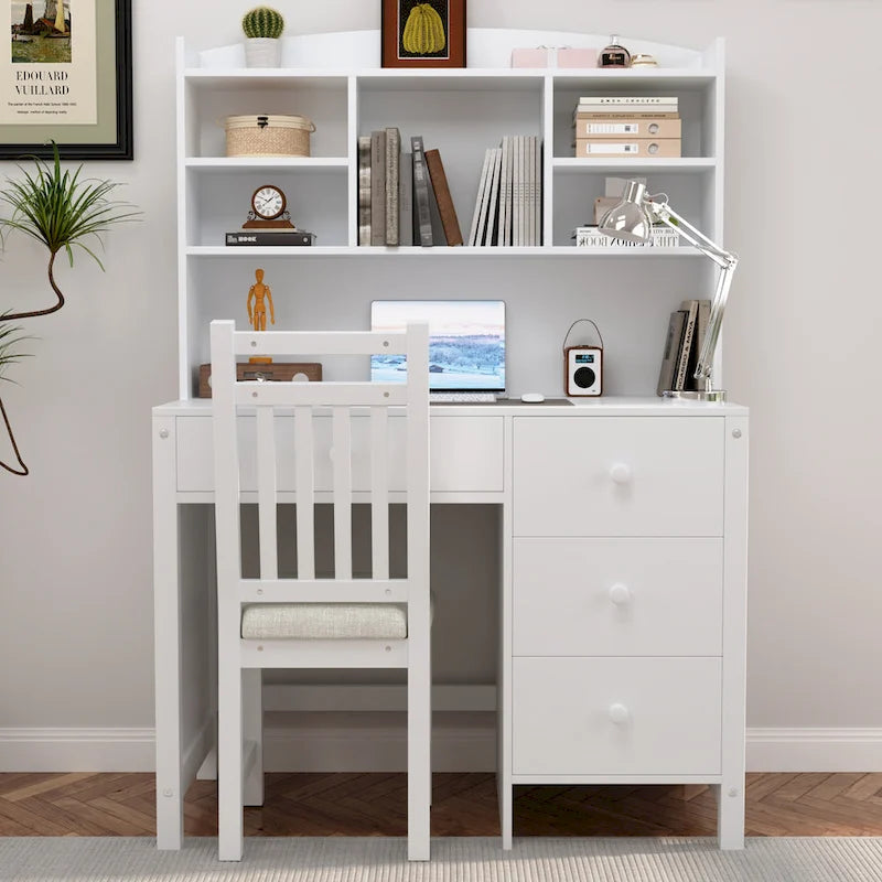 Retro Computer Desk with Chair, 4 Drawers & Shelf, 1-Person – White / Espresso