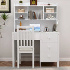 Retro Computer Desk with Chair, 4 Drawers & Shelf, 1-Person – White / Espresso