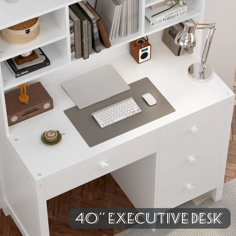 Retro Computer Desk with Chair, 4 Drawers & Shelf, 1-Person – White / Espresso
