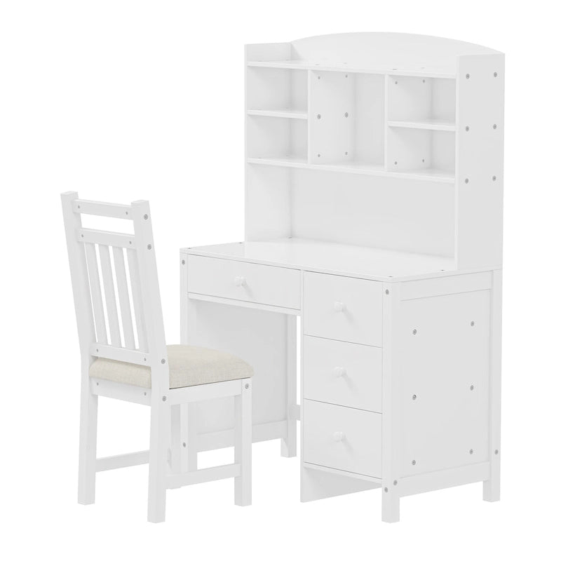 Retro Computer Desk with Chair, 4 Drawers & Shelf, 1-Person – White / Espresso
