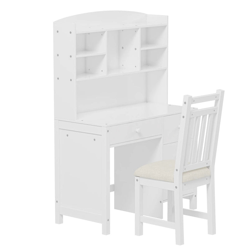 Retro Computer Desk with Chair, 4 Drawers & Shelf, 1-Person – White / Espresso