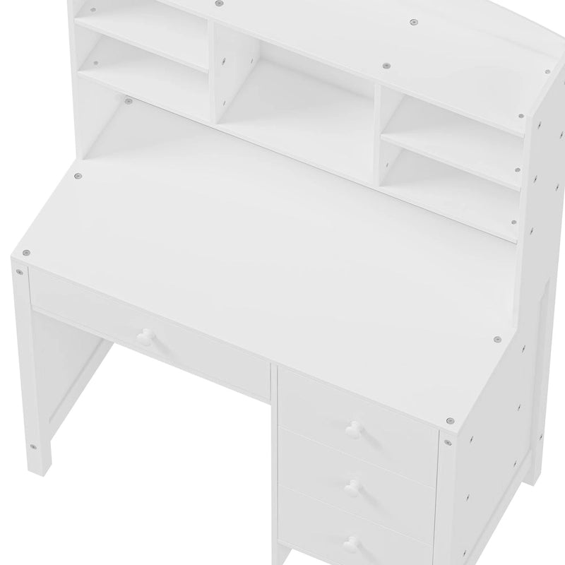Retro Computer Desk with Chair, 4 Drawers & Shelf, 1-Person – White / Espresso