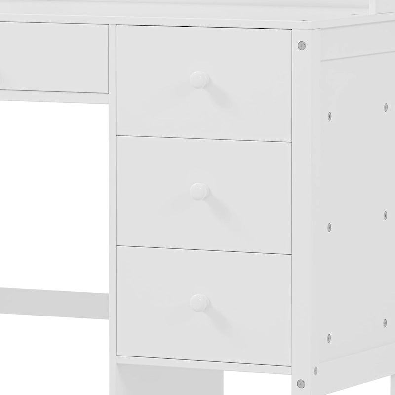 Retro Computer Desk with Chair, 4 Drawers & Shelf, 1-Person – White / Espresso