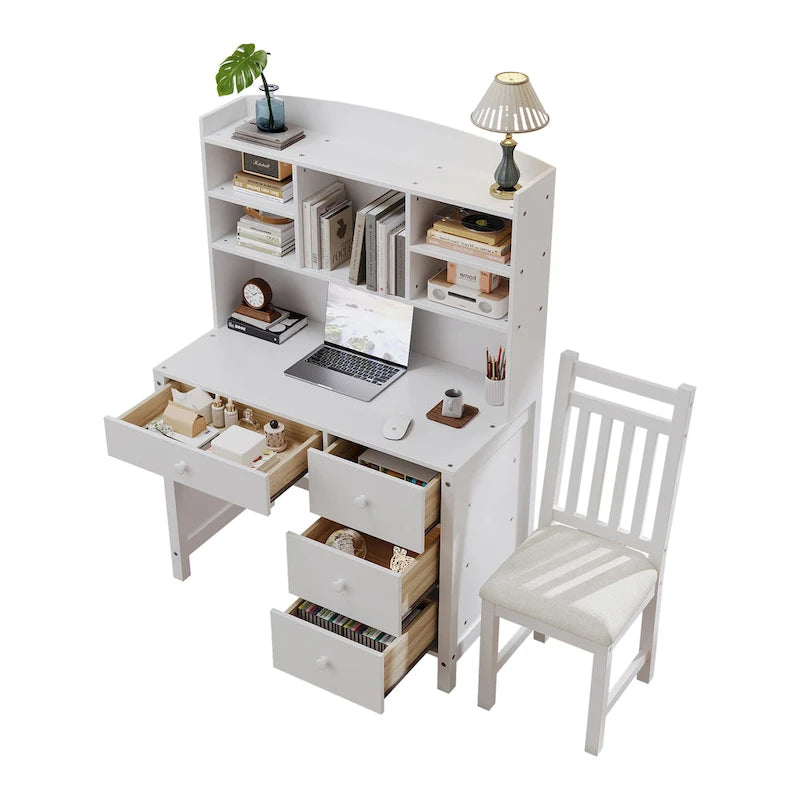 Retro Computer Desk with Chair, 4 Drawers & Shelf, 1-Person – White / Espresso