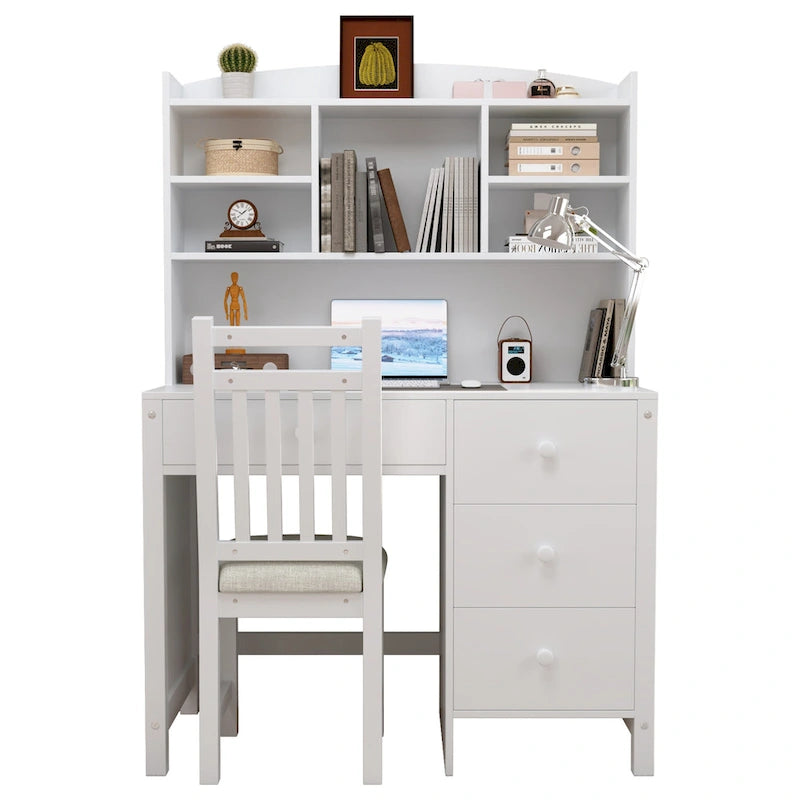 Retro Computer Desk with Chair, 4 Drawers & Shelf, 1-Person – White / Espresso