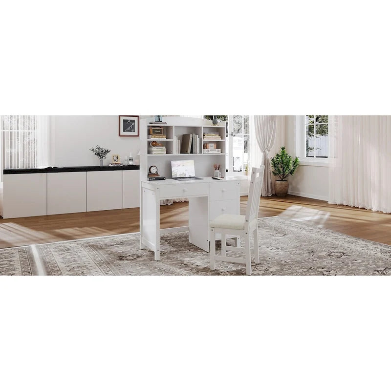 Retro Computer Desk with Chair, 4 Drawers & Shelf, 1-Person – White / Espresso
