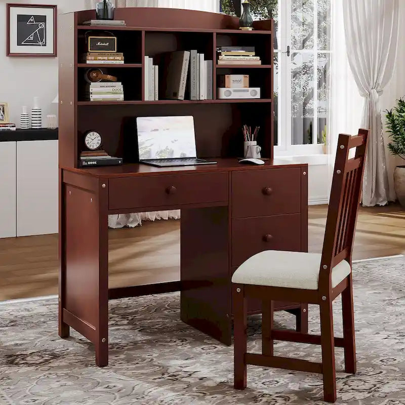 Retro Computer Desk with Chair, 4 Drawers & Shelf, 1-Person – White / Espresso