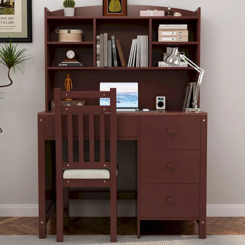 Retro Computer Desk with Chair, 4 Drawers & Shelf, 1-Person – White / Espresso