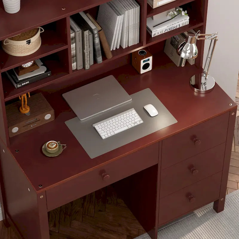 Retro Computer Desk with Chair, 4 Drawers & Shelf, 1-Person – White / Espresso
