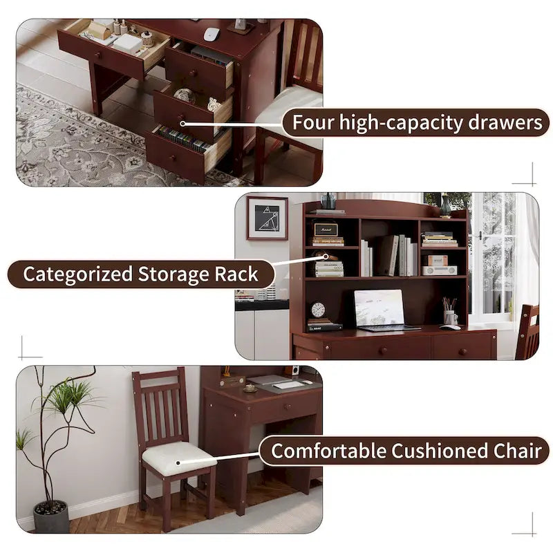Retro Computer Desk with Chair, 4 Drawers & Shelf, 1-Person – White / Espresso