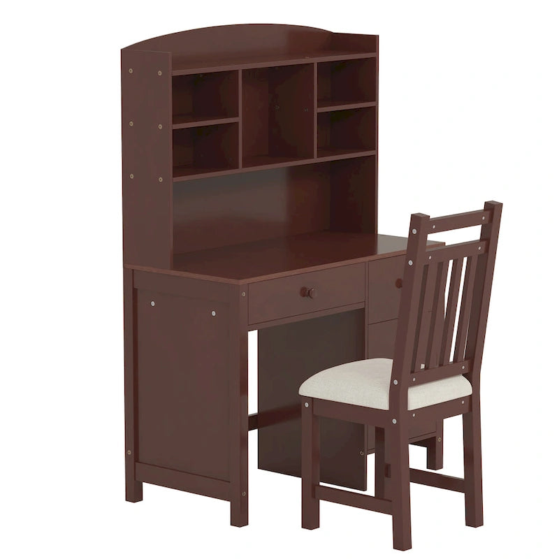Retro Computer Desk with Chair, 4 Drawers & Shelf, 1-Person – White / Espresso