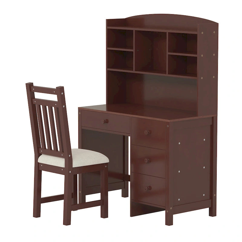 Retro Computer Desk with Chair, 4 Drawers & Shelf, 1-Person – White / Espresso