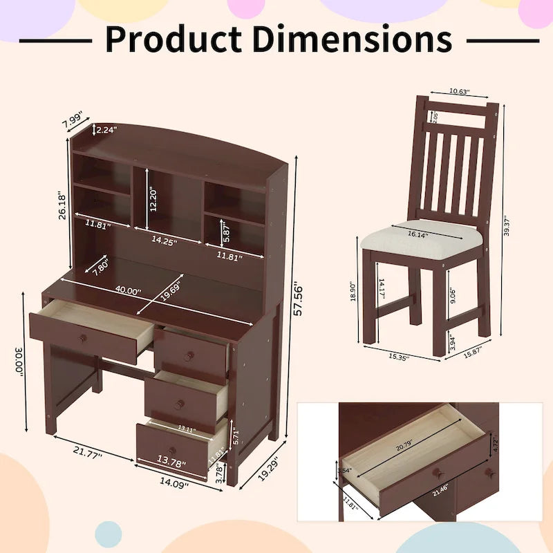 Retro Computer Desk with Chair, 4 Drawers & Shelf, 1-Person – White / Espresso