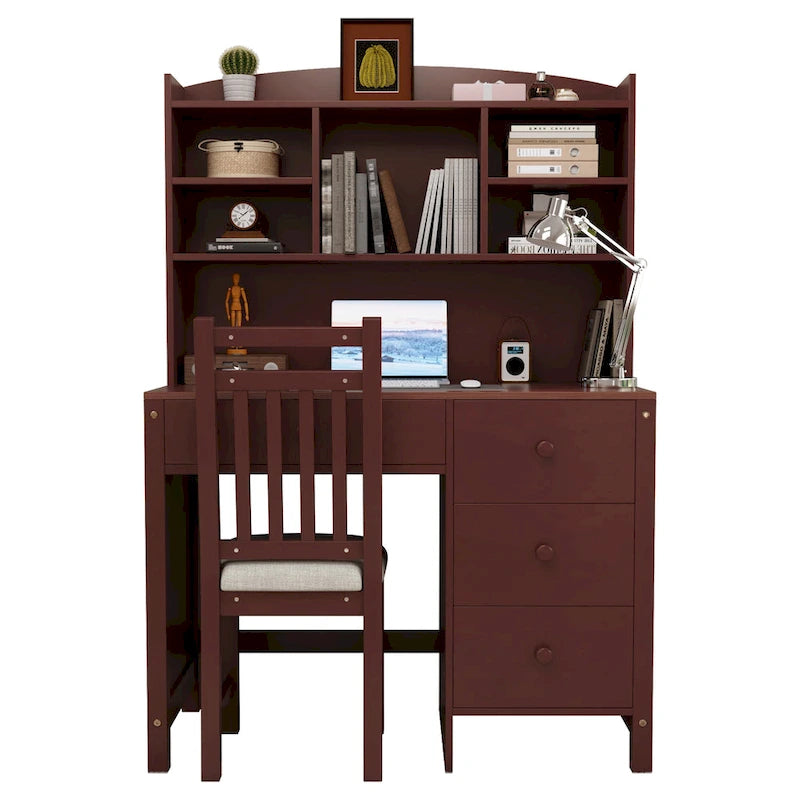 Retro Computer Desk with Chair, 4 Drawers & Shelf, 1-Person – White / Espresso