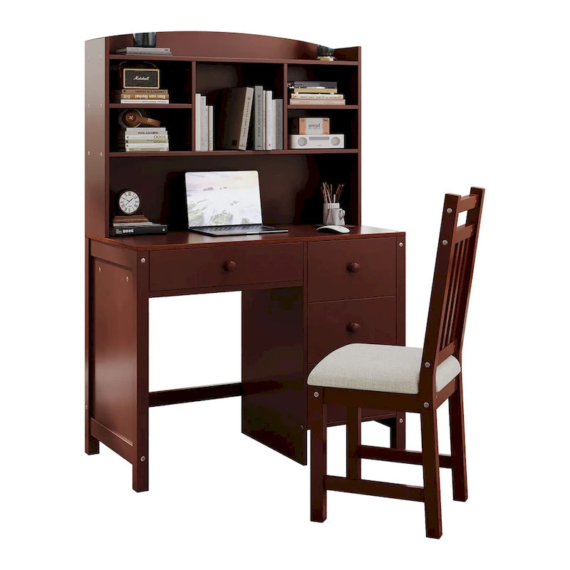 Retro Computer Desk with Chair, 4 Drawers & Shelf, 1-Person – White / Espresso