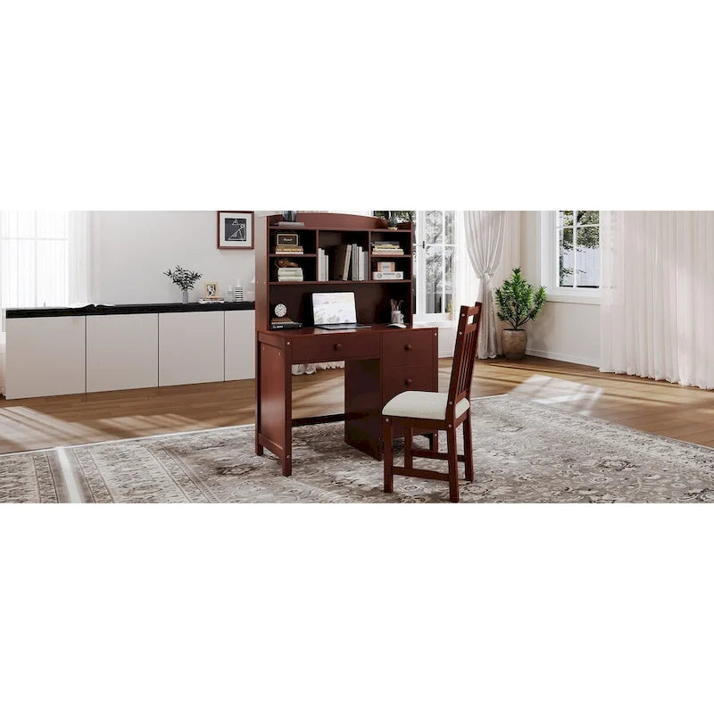Retro Computer Desk with Chair, 4 Drawers & Shelf, 1-Person – White / Espresso