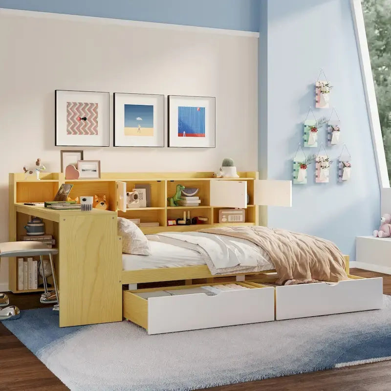Natural/White L-Shape Daybed with Desk & Storage, Full Size, 1-Person