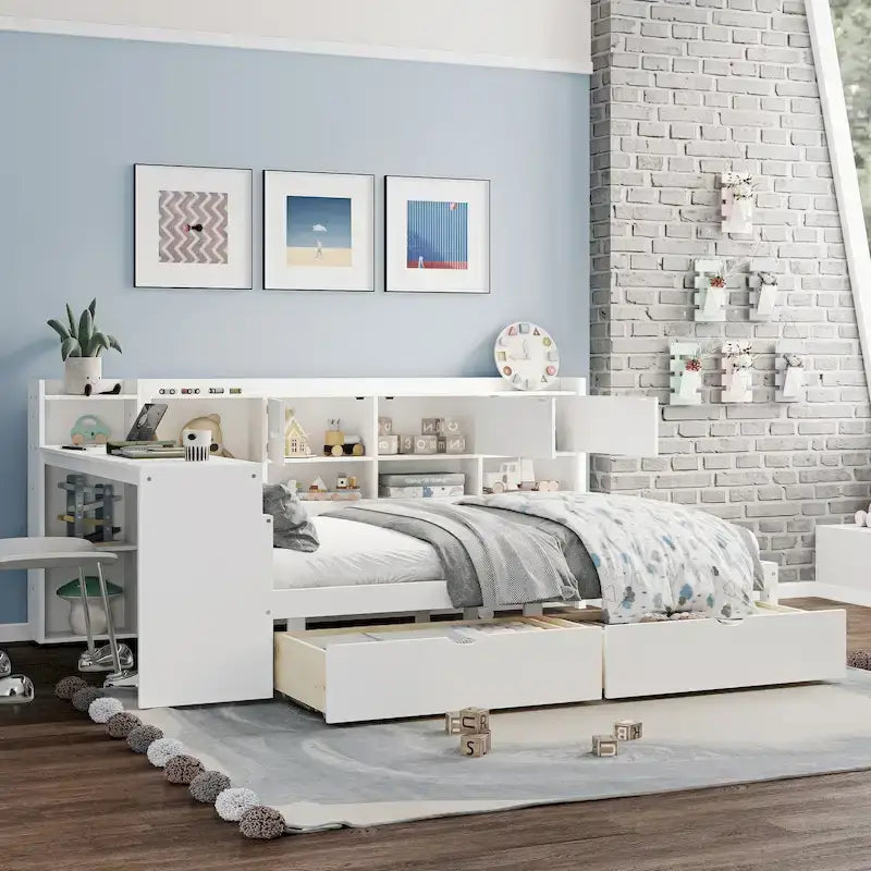 Cama nido en forma de L natural/blanca con escritorio y almacenamiento, tamaño completo, 1 persona