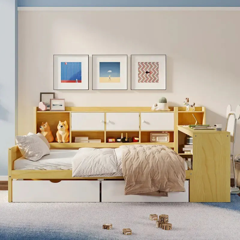Natural/White L-Shape Daybed with Desk & Storage, Full Size, 1-Person