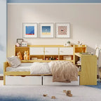 Natural/White L-Shape Daybed with Desk & Storage, Full Size, 1-Person