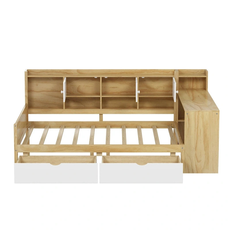 Natural/White L-Shape Daybed with Desk & Storage, Full Size, 1-Person