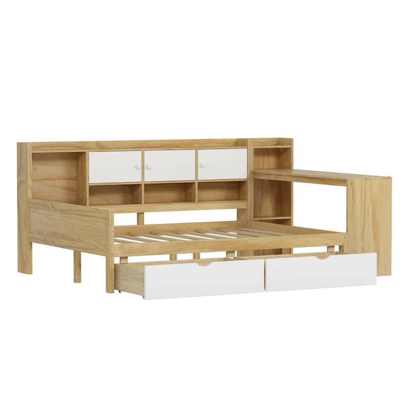 Natural/White L-Shape Daybed with Desk & Storage, Full Size, 1-Person