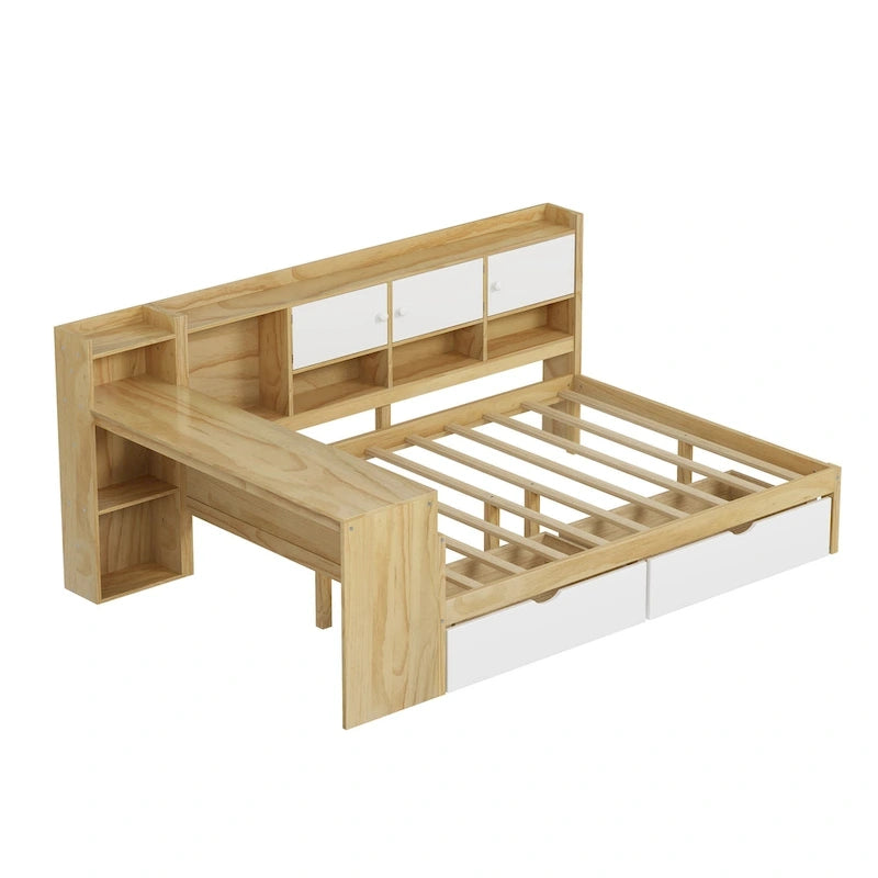 Natural/White L-Shape Daybed with Desk & Storage, Full Size, 1-Person