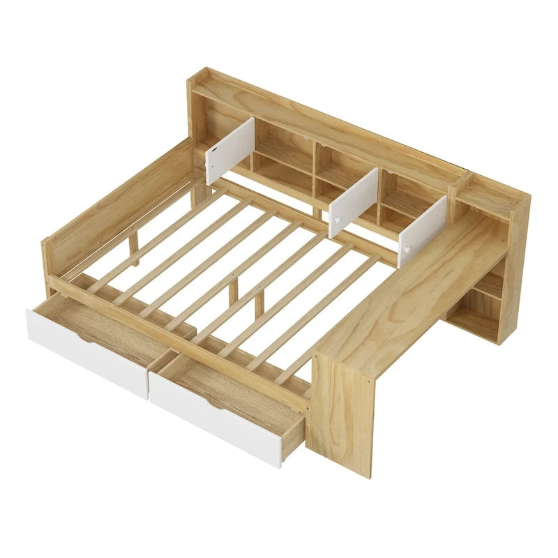 Natural/White L-Shape Daybed with Desk & Storage, Full Size, 1-Person