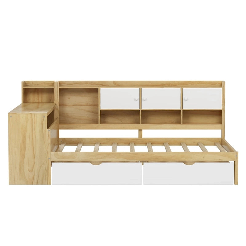 Natural/White L-Shape Daybed with Desk & Storage, Full Size, 1-Person