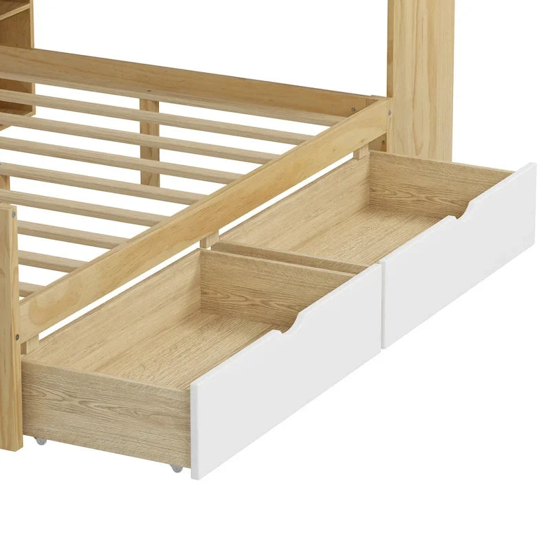Natural/White L-Shape Daybed with Desk & Storage, Full Size, 1-Person