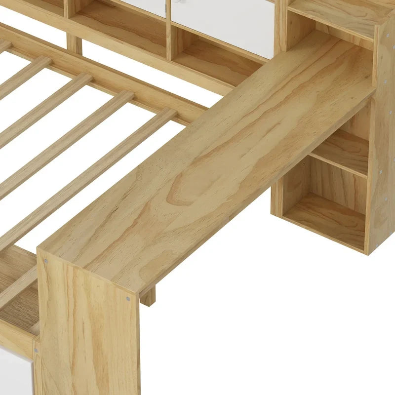 Natural/White L-Shape Daybed with Desk & Storage, Full Size, 1-Person