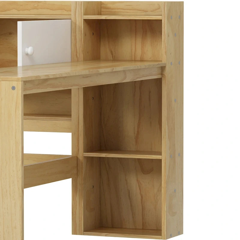 Natural/White L-Shape Daybed with Desk & Storage, Full Size, 1-Person