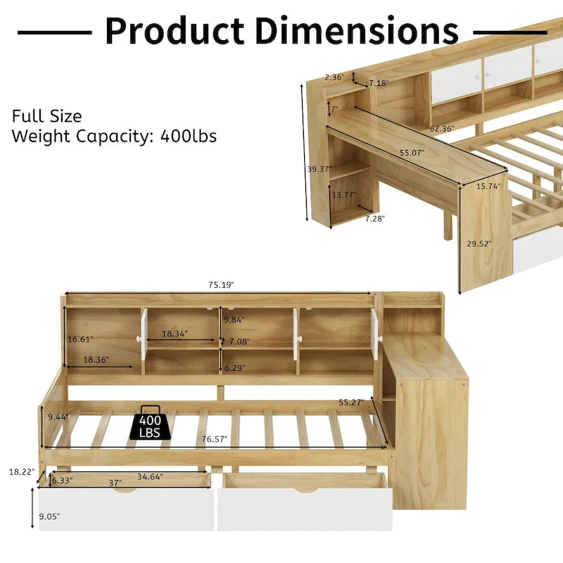 Natural/White L-Shape Daybed with Desk & Storage, Full Size, 1-Person