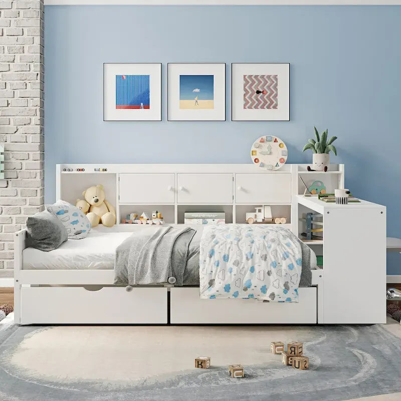 Natural/White L-Shape Daybed with Desk & Storage, Full Size, 1-Person