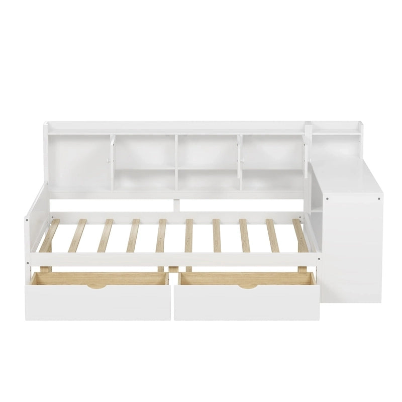 Natural/White L-Shape Daybed with Desk & Storage, Full Size, 1-Person