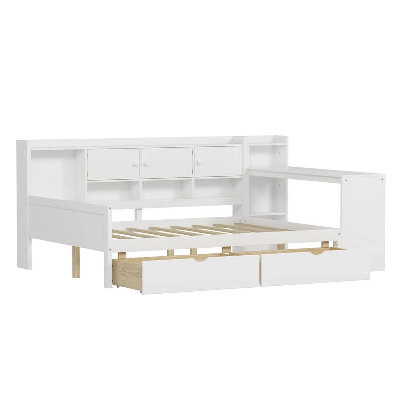 Natural/White L-Shape Daybed with Desk & Storage, Full Size, 1-Person