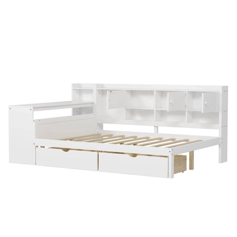 Natural/White L-Shape Daybed with Desk & Storage, Full Size, 1-Person