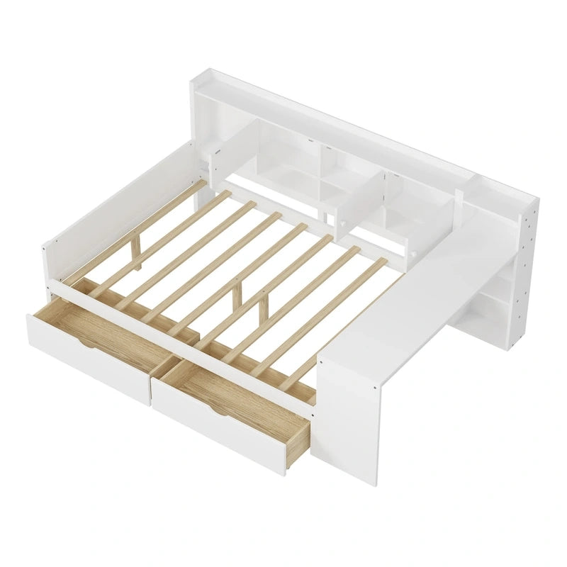 Natural/White L-Shape Daybed with Desk & Storage, Full Size, 1-Person