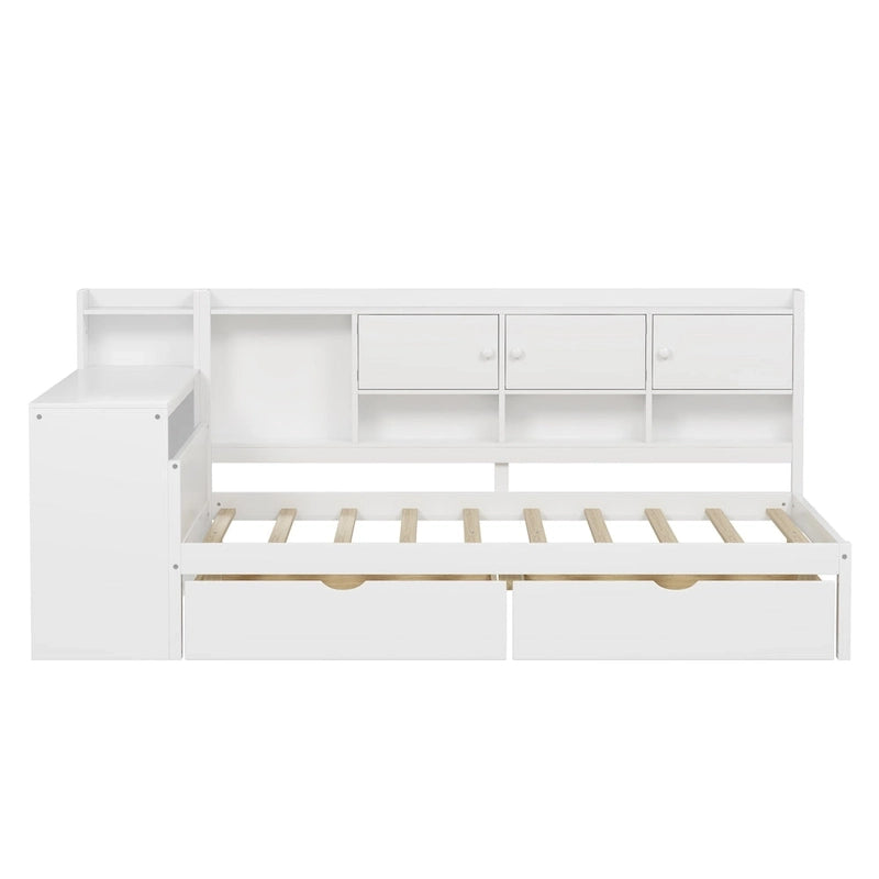 Natural/White L-Shape Daybed with Desk & Storage, Full Size, 1-Person