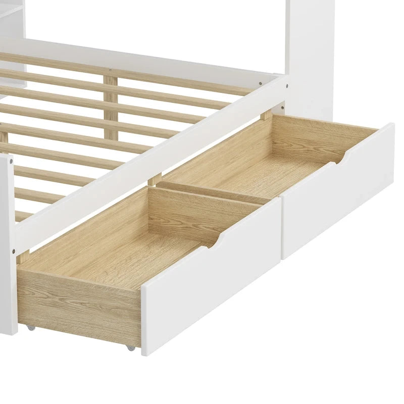 Natural/White L-Shape Daybed with Desk & Storage, Full Size, 1-Person