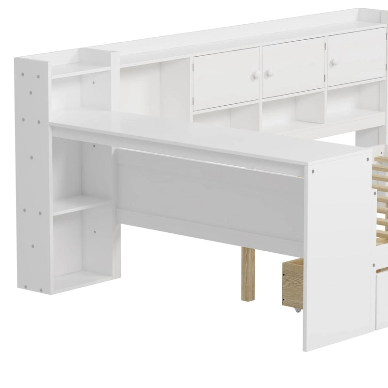 Natural/White L-Shape Daybed with Desk & Storage, Full Size, 1-Person