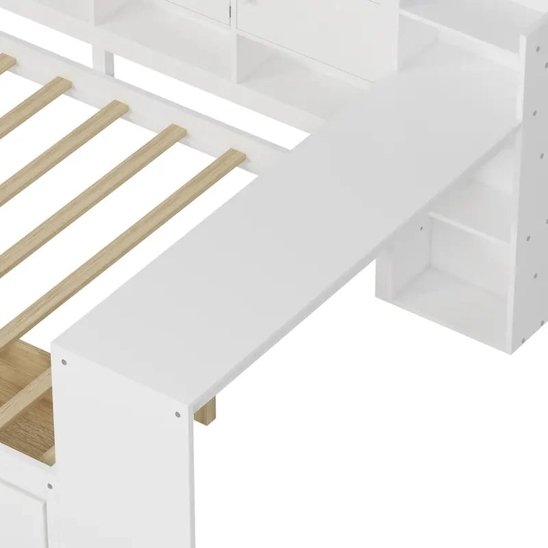 Natural/White L-Shape Daybed with Desk & Storage, Full Size, 1-Person