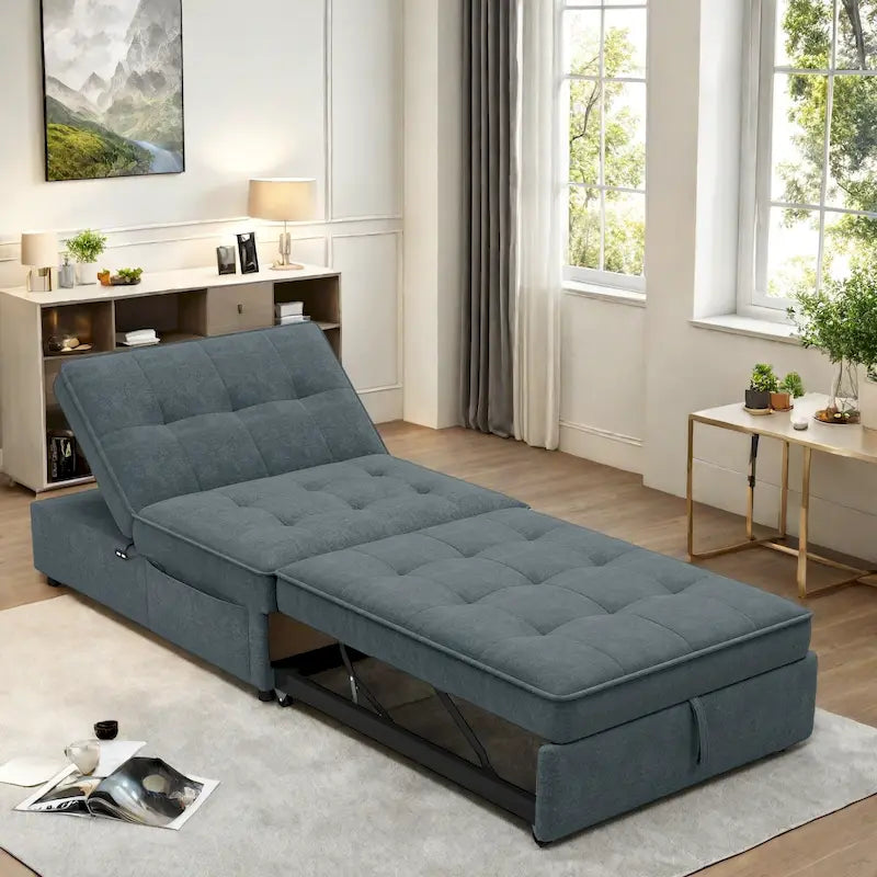 Dark Blue / White / Teal Linen 4-in-1 Convertible Sleeper Sofa, 3-Seater