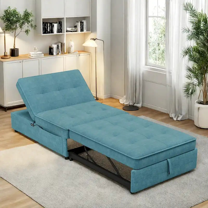 Sofá Cama Convertible 4 en 1 de Lino Azul Oscuro / Blanco / Verde Azulado, 3 Plazas